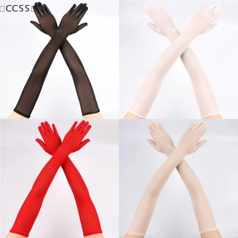 〔CC55〕55CM Lace Thin Hollow Transparent Long Gloves Breathable Net Yarn Women Man Stage Performance Party Cosplay Elasticity