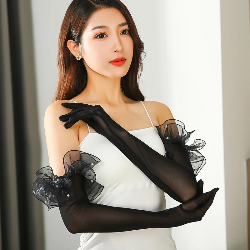Sexy Lace Pearl Black Silk Perspective Thin Wedding Dress Long Gloves Women Sunscreen Sleeves Summer Outdoor Sun Driving Mittens