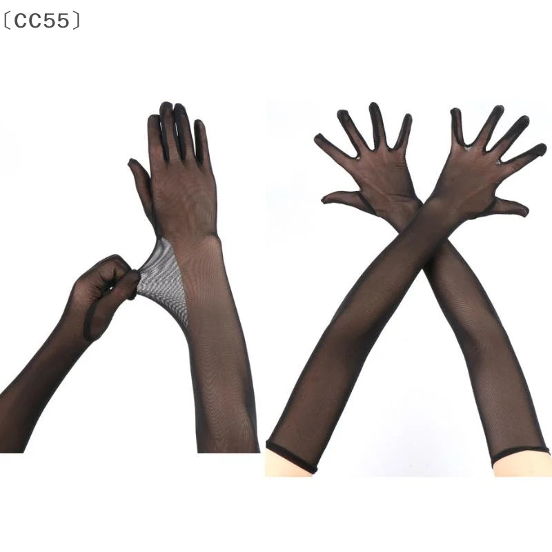 〔CC55〕55CM Lace Thin Hollow Transparent Long Gloves Breathable Net Yarn Women Man Stage Performance Party Cosplay Elasticity